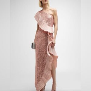 One shoulder pleated taffeta and sequin gown